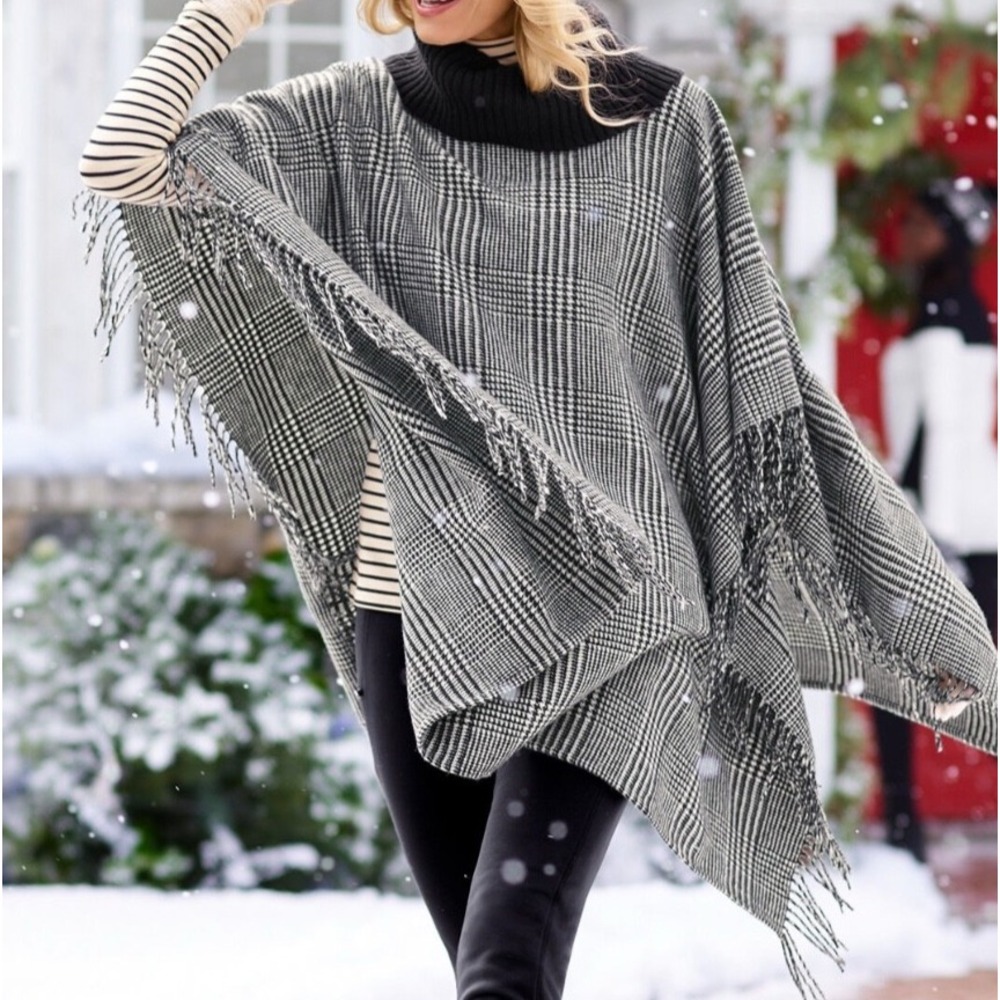 EUC Talbots PLUS Wool Blend Poncho Shawl Cape Fringe Houndstooth Plaid X/1X